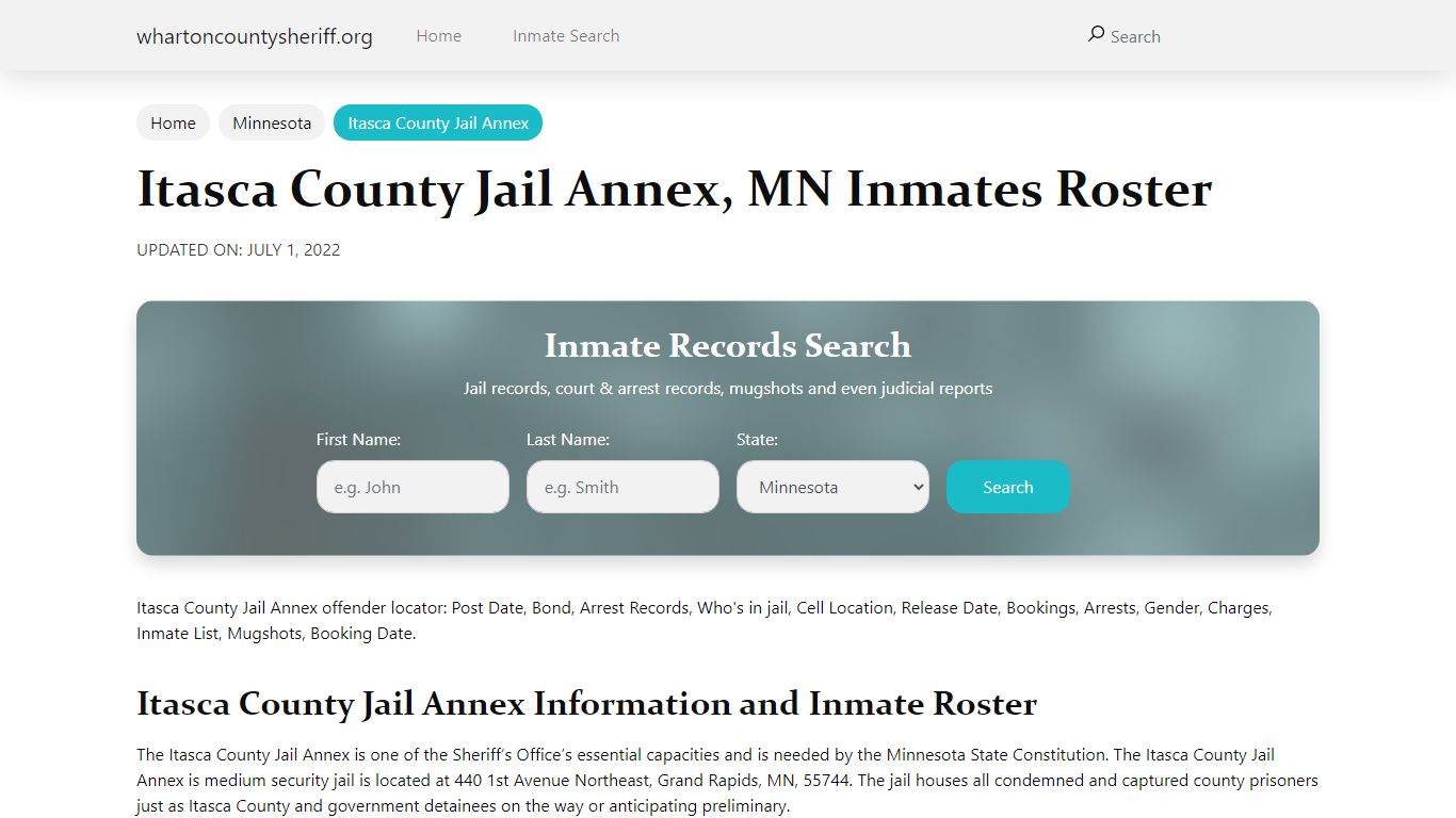 Itasca County Jail Annex, MN Jail Roster, Name Search